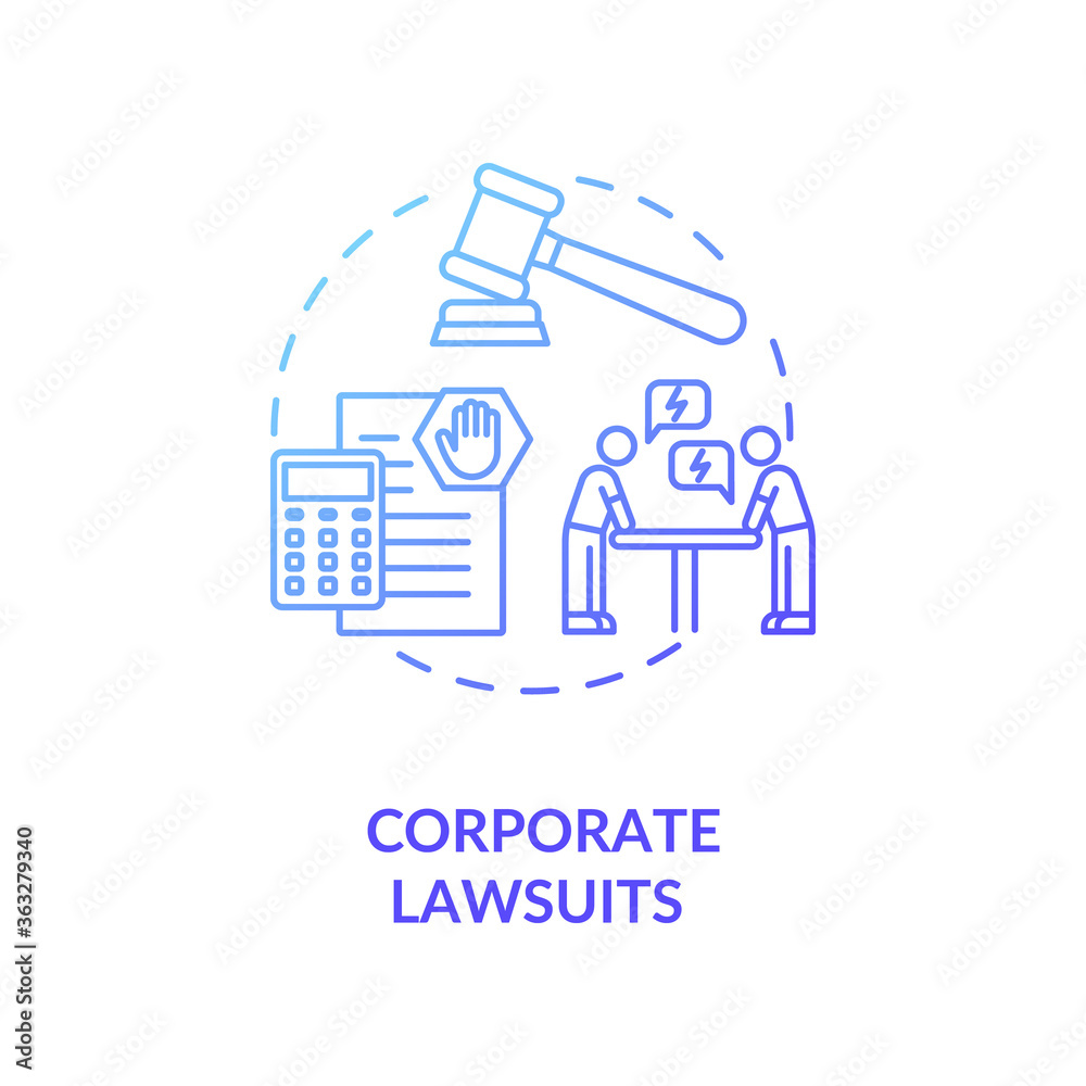 Corporate lawsuit concept icon. Business and legal consulting service. Proceeding in court of law idea thin line illustration. Vector isolated outline RGB color drawing Corporate lawsuit concept icon. Business and legal consulting service. Proceeding in court of law idea thin line illustration. Vector isolated outline RGB color drawing