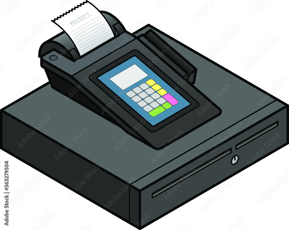 A bench top touchscreen point of sale terminal. With an integrated card swipe scanner and printer. On top of a cash drawer. A bench top touchscreen point of sale terminal. With an integrated card swipe scanner and printer. On top of a cash drawer.