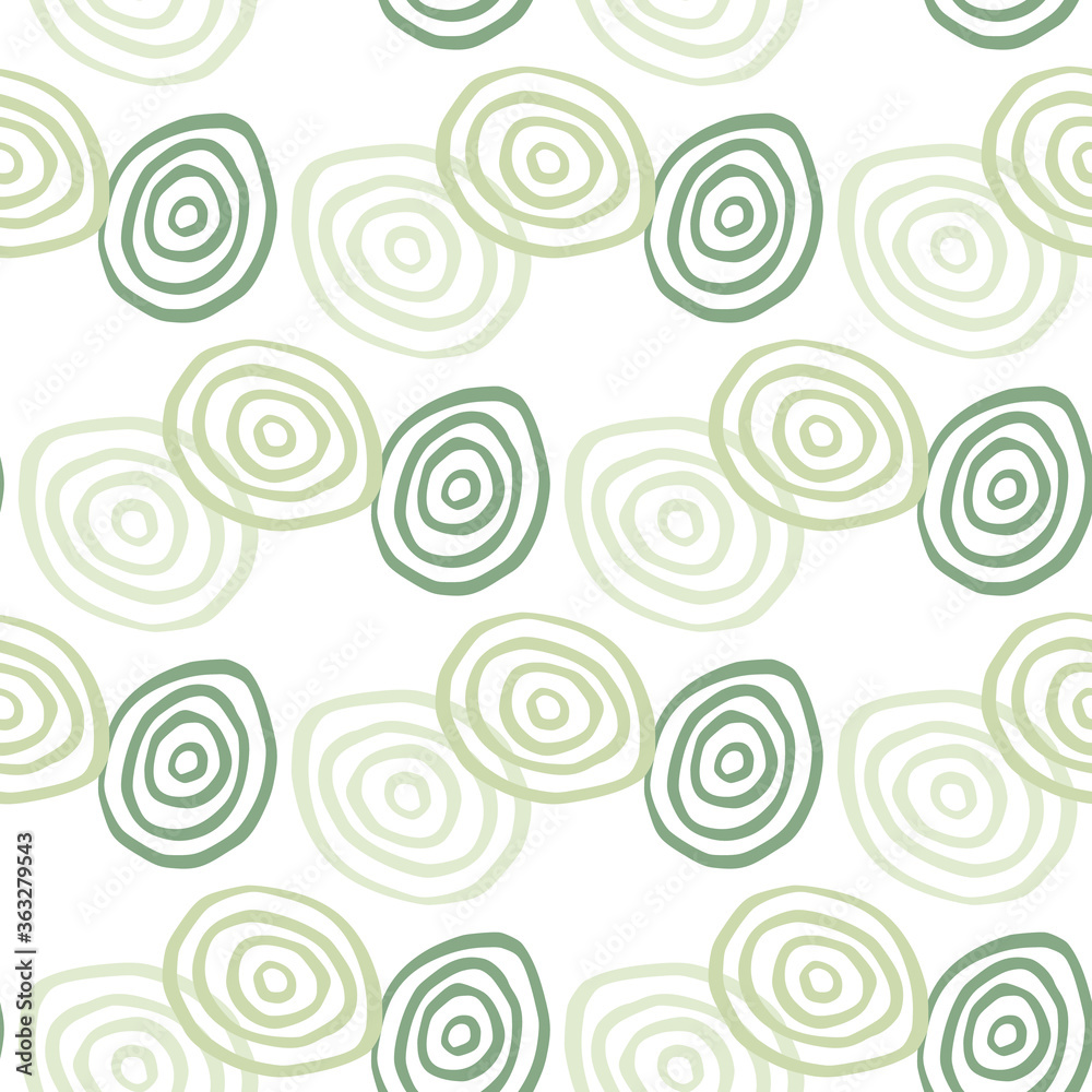 Isolated seamless geometric pattern with spirals in green colors. White background.