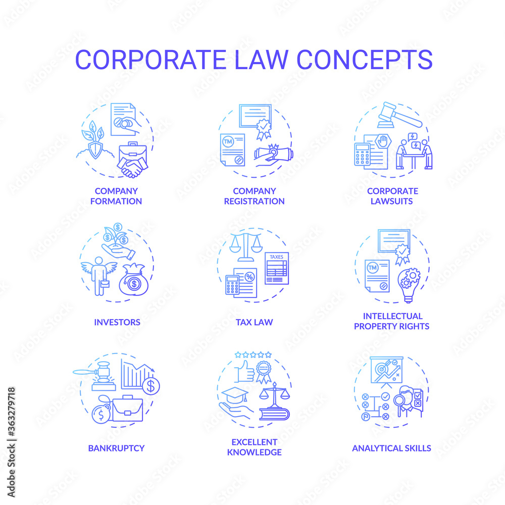Corporate law concept icons set. Good lawyer skills. Company formation, registration and bankruptcy idea thin line RGB color illustrations. Vector isolated outline drawings
