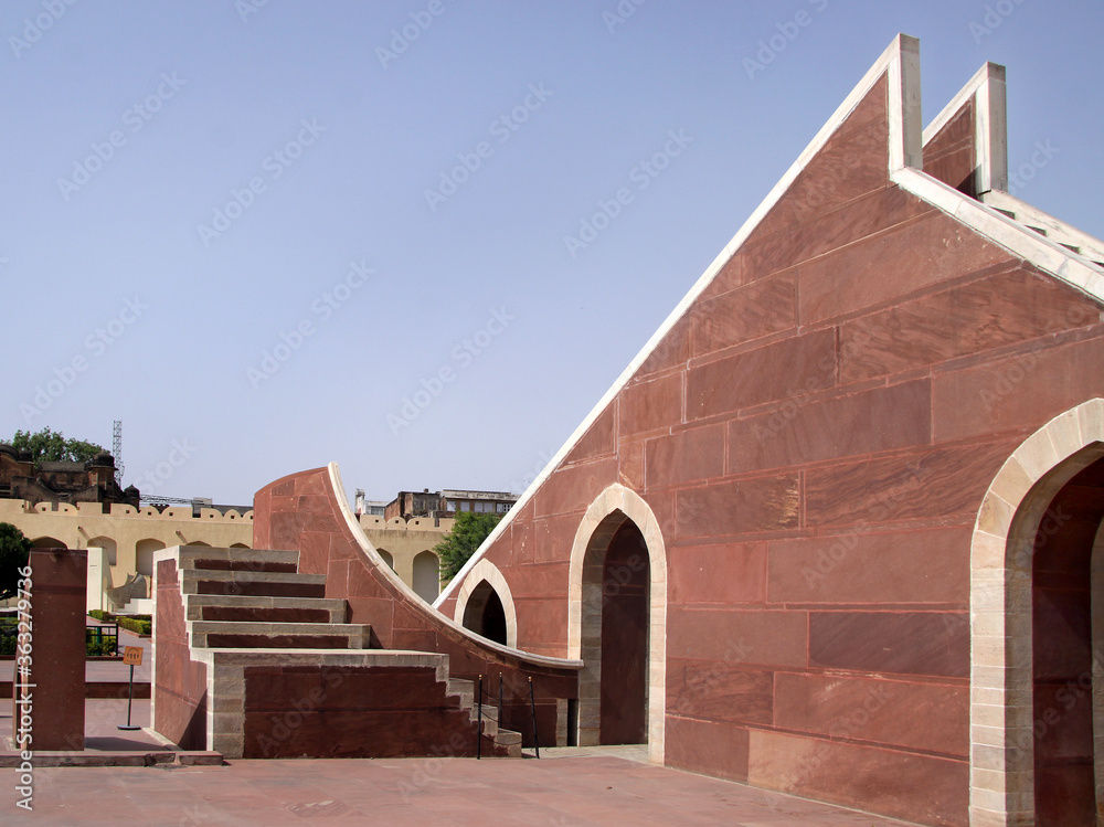 Jaipur, India_2010. Jantar Mantar in an astronomic observation site. Jantar Mantar is UNESCO World Heritage site. laghu samrat yanta which was then used to calculate time. Astronomical instrument.