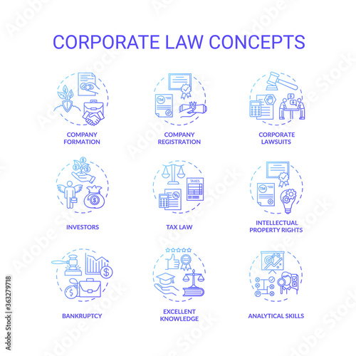 Corporate law concept icons set. Good lawyer skills. Company formation, registration and bankruptcy idea thin line RGB color illustrations. Vector isolated outline drawings