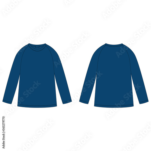 Technical sketch navy blue color raglan sweatshirt. Childrens wear jumper design template. Front and back view.