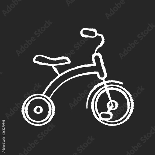 Tricycle chalk white icon on black background. Trikes for toddlers. Children ride on equipment. Kids coordination and balance development. Isolated vector chalkboard illustration