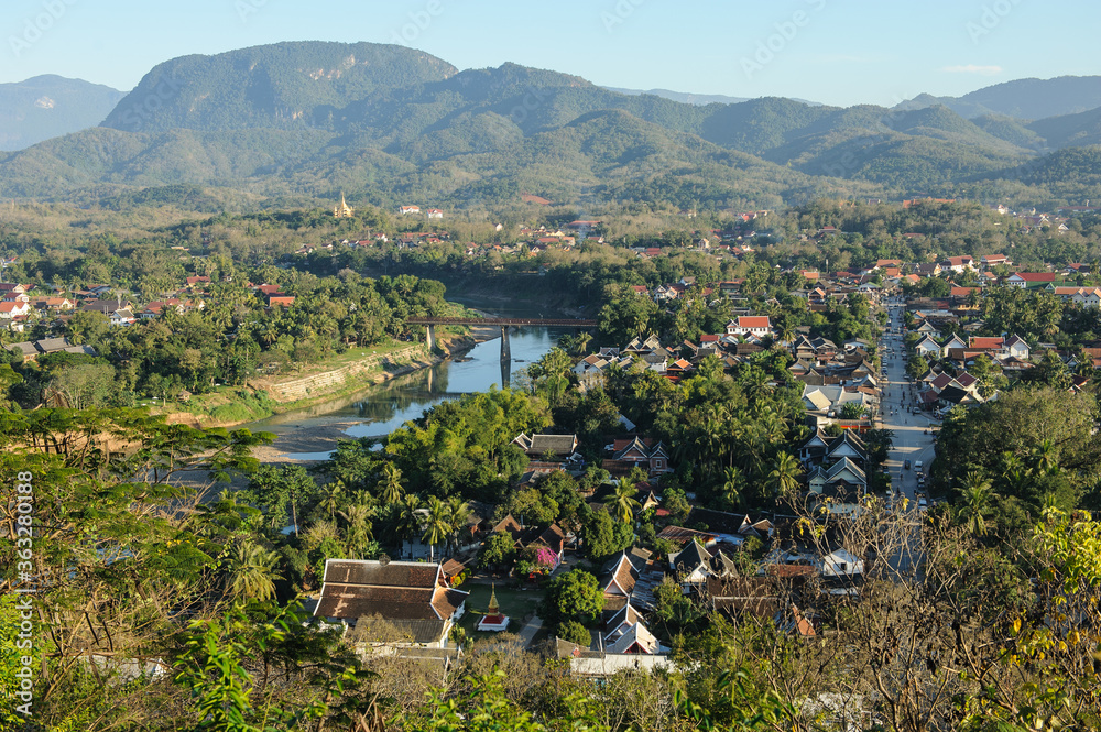 view from the top of the hill of the Luang Pra Bang city.