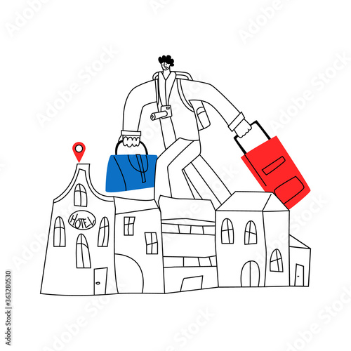 Vector linear abstract illustration enlarged man walking with tourist bags and looking for hotel. Concept hotel business, navigation, tourism, temporary accommodation, hostels, guest rooms.