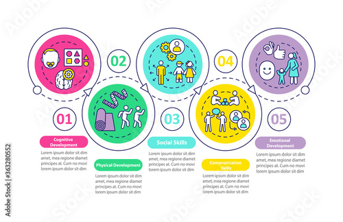 Children preschool education tasks vector infographic template. Presentation design elements. Data visualization with 5 steps. Process timeline chart. Workflow layout with linear icons