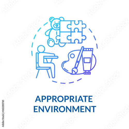 Daycare center environment concept icon. Play school classrooms and playrooms. Preschoolers. Baby care center idea thin line illustration. Vector isolated outline RGB color drawing