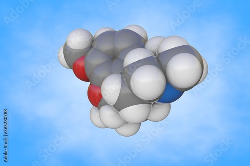 Molecular structure of codeine. Atoms are represented as spheres with color coding: carbon (grey), oxygen (red), nitrogen (blue), hydrogen (white). 3d illustration