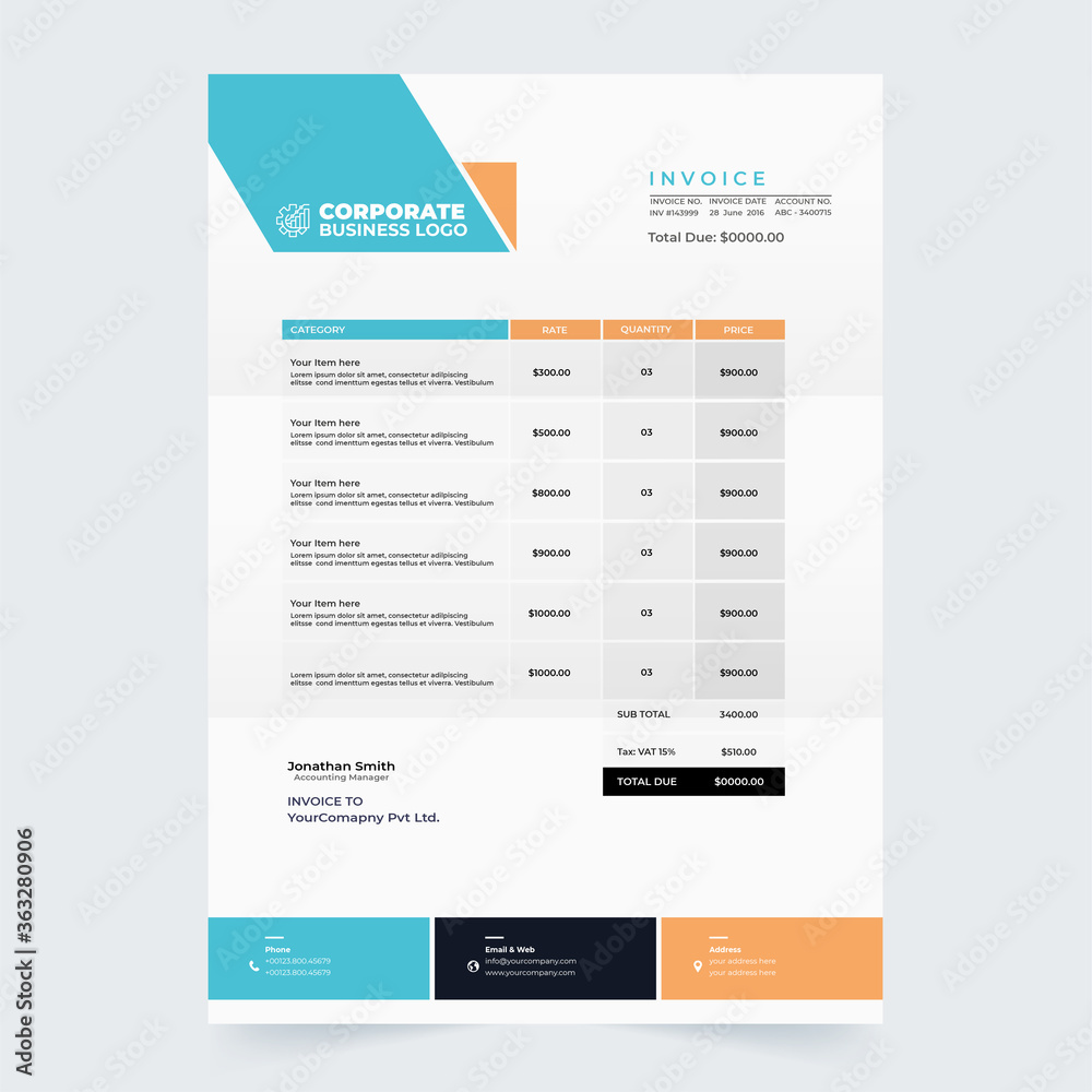 Invoice minimal design template. Bill form business invoice accounting design. Invoice design template