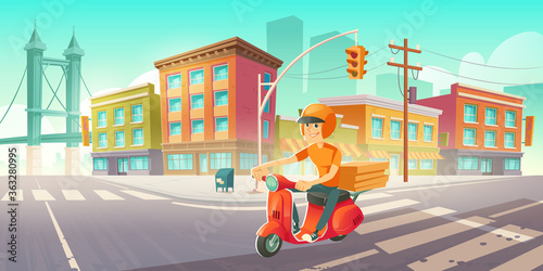 Delivery man on scooter with pizza boxes drives on city street. Vector cartoon cityscape with boy on red motorcycle on road. Courier boy on moped deliver fast food from restaurant