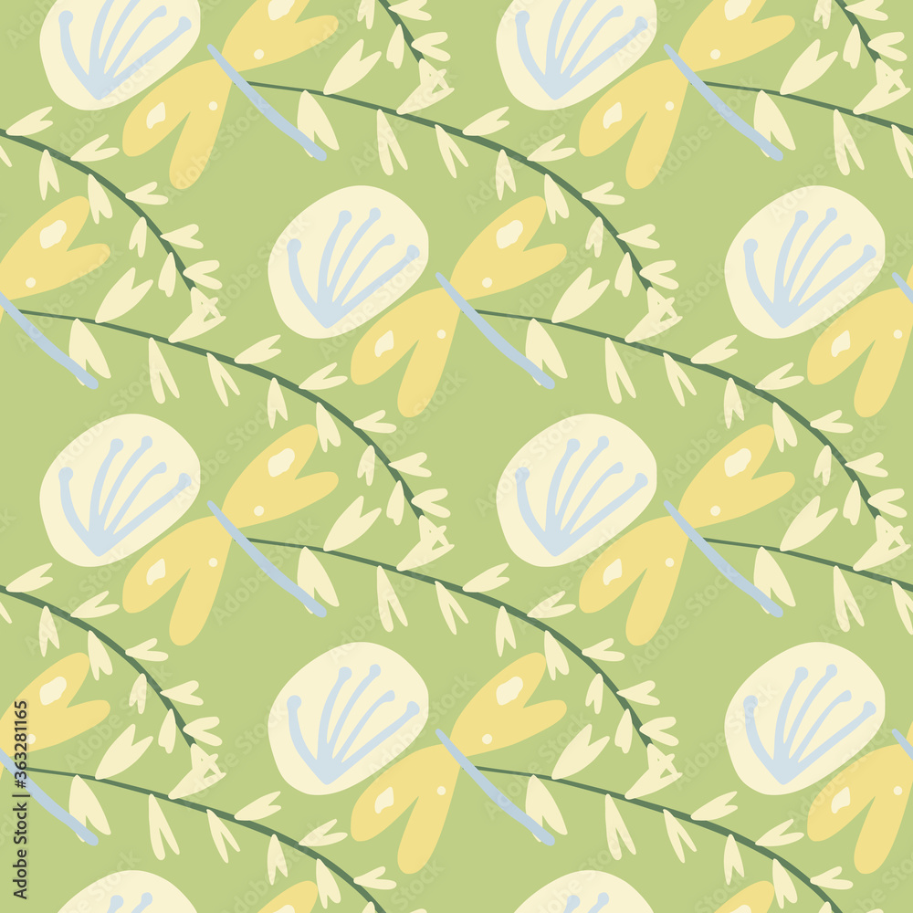 Random botanic seamlless pattern with twigs, blowballs and damselflyes. In green, yellow, blue and pink pastel tones. Random botanic seamlless pattern with twigs, blowballs and damselflyes. In green, yellow, blue and pink pastel tones.
