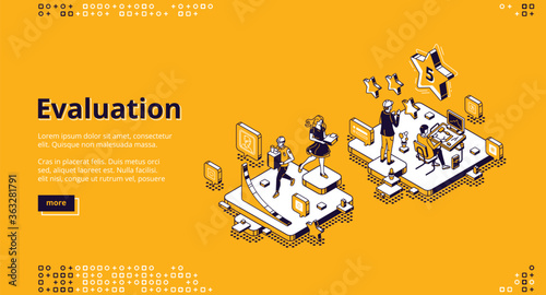 Evaluation banner. Customer review, feedback about quality, experience report. Vector landing page of rating service with isometric illustration of people, stars and chart