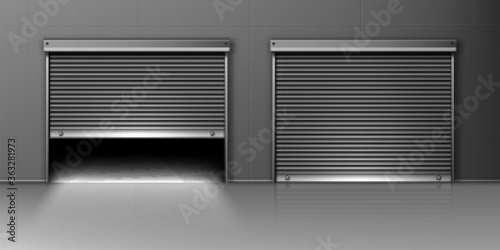Garage doors, hangar entrances with roller shutters. Warehouse exterior with close and open boxes, Realistic 3d vector storage for car parking or rent, rooms for repair service with metal doorways