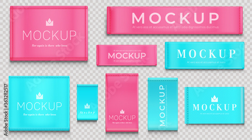 Fabric tags for textile isolated on transparent background. Vector realistic mockup of blue and pink cloth labels with stitches, cotton ribbon badge different shapes, woven fashion sticker