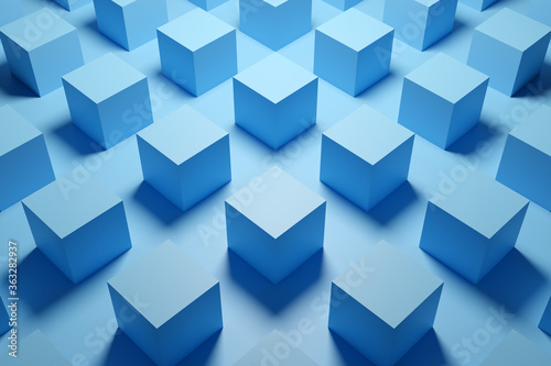 3d illustration of rows of blue cube.Set of chewing gum on blue background. Parallelogram pattern. Technology geometry  background