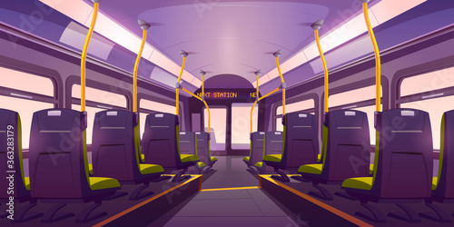 Empty bus or train interior with chairs, handrails and windows. Vector cartoon cabin of passenger carriage transport with comfortable seats and digital display back view