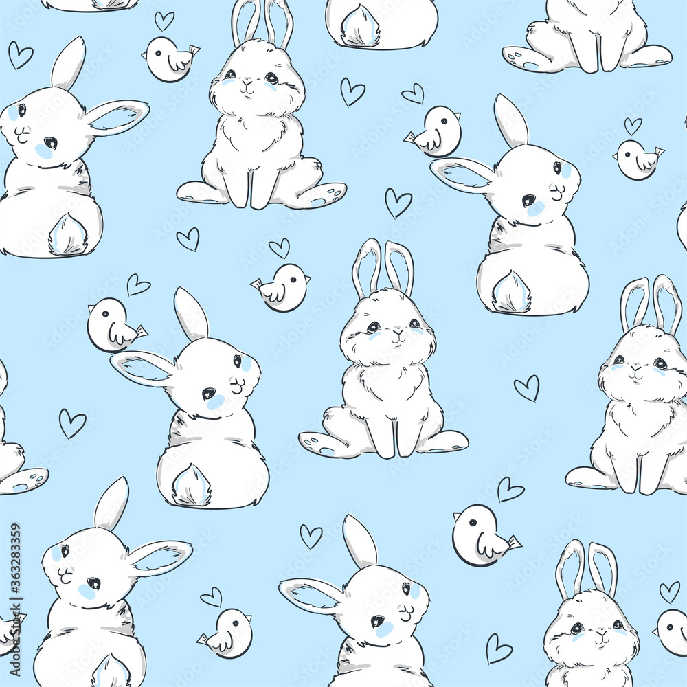 Fototapeta premium Seamless Pattern Rabbit. Hand Drawn Bunny and birds, print design rabbit background. Seamless. Print Design Textile for Kids Fashion.
