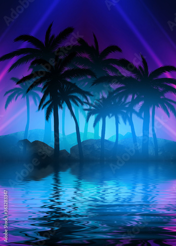 Abstract futuristic background. Neon glow, reflection of tropical palm trees on the water. Night view, beach party. 3d illustration © Laura Сrazy