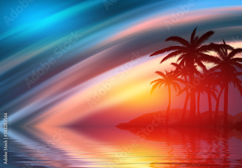 Fototapeta Naklejka Na Ścianę i Meble -  Abstract futuristic background. Neon glow, reflection of tropical palm trees on the water. Night view, beach party. 3d illustration