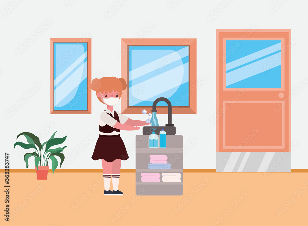 Girl kid with uniform and medical mask washing hands design, Back to school and social distancing theme Vector illustration