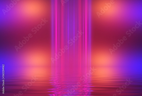 Abstract dark futuristic background. Neon rays of light are reflected from the water. Background of empty stage show, beach party. 3d illustration