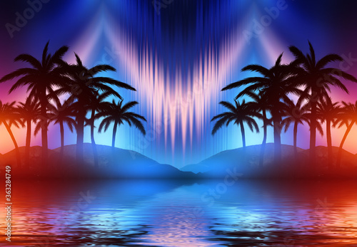 Abstract futuristic background. Neon glow, reflection of tropical palm trees on the water. Night view, beach party. 3d illustration © Laura Сrazy