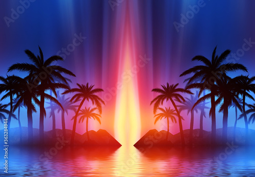 Abstract futuristic background. Neon glow, reflection of tropical palm trees on the water. Night view, beach party. 3d illustration