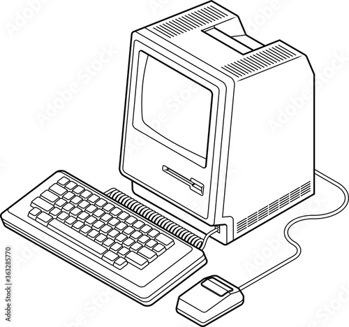Detailed line drawing of an old vintage/retro obsolete computer.