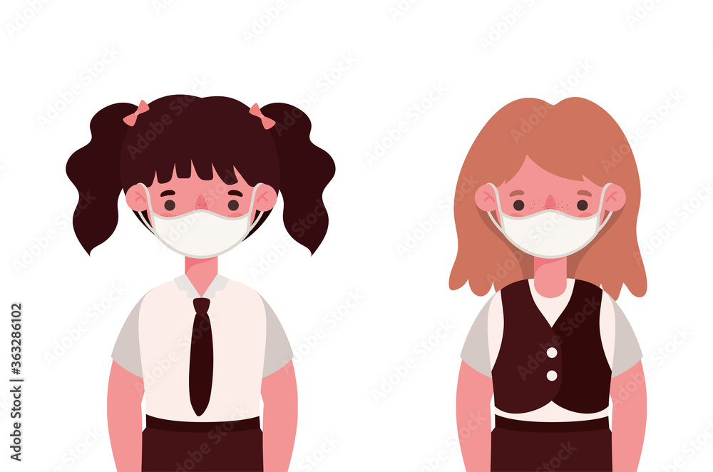 Girls kids with medical masks and uniforms design, Back to school and social distancing theme Vector illustration Girls kids with medical masks and uniforms design, Back to school and social distancing theme Vector illustration
