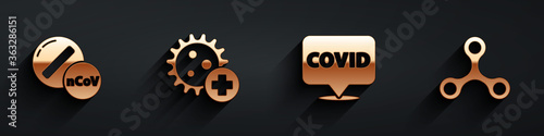 Set Medicine pill or tablet, Positive virus, Corona virus covid-19 on location and Virus icon with long shadow. Vector.