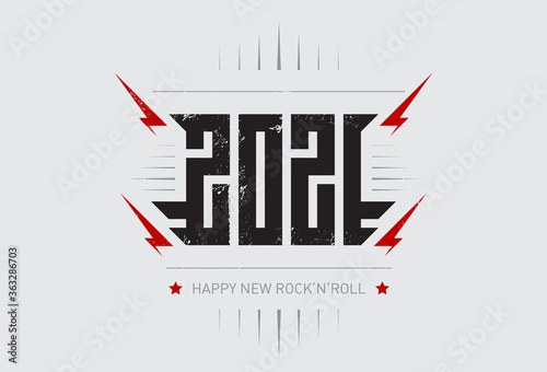 Happy New Rock'n'roll 2021 - music poster with stylized inscription, red lightnings and star. Cool print for t-shirt apparels with inscription. 2021 - t-shirt design for new year party.