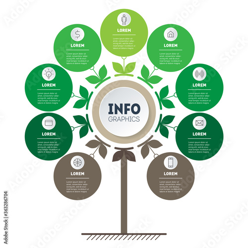 Green Timeline or infographics. Tree of development and growth of the business. Time line of trends with 9 options. Eco Business concept with nine parts, steps or processes. Vector.