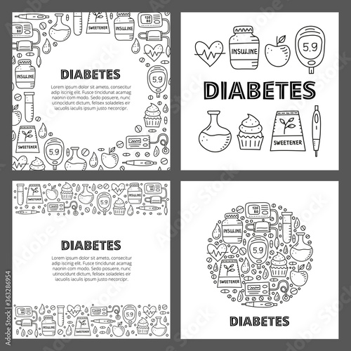 Set of cards with doodle outline diabetes items, including insulin pen, pump, tonometer, blood drop, glucometer, cupcake, flask, sweetener, heart, test tube and text isolated on grey background.