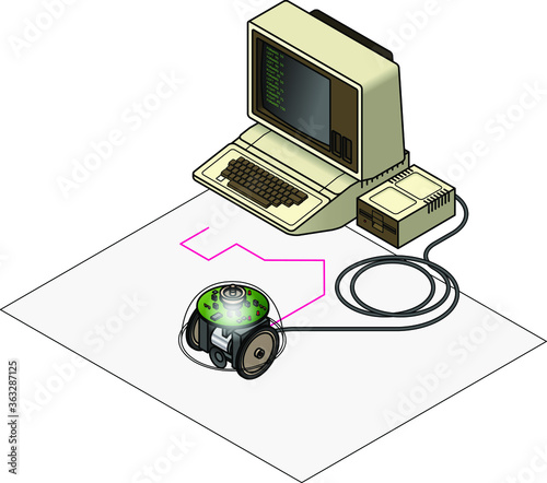 Old school programming and robotics. An old vintage/retro obsolete computer showing lines of a logo program, connected to a turtle robot drawing the output of the program on a large sheet of paper.