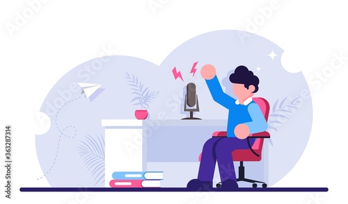 Concept of Online radio presenter, streaming. Man podcaster in podcast studio, broadcaster at workspace isolated cartoon character. Modern flat illustration.