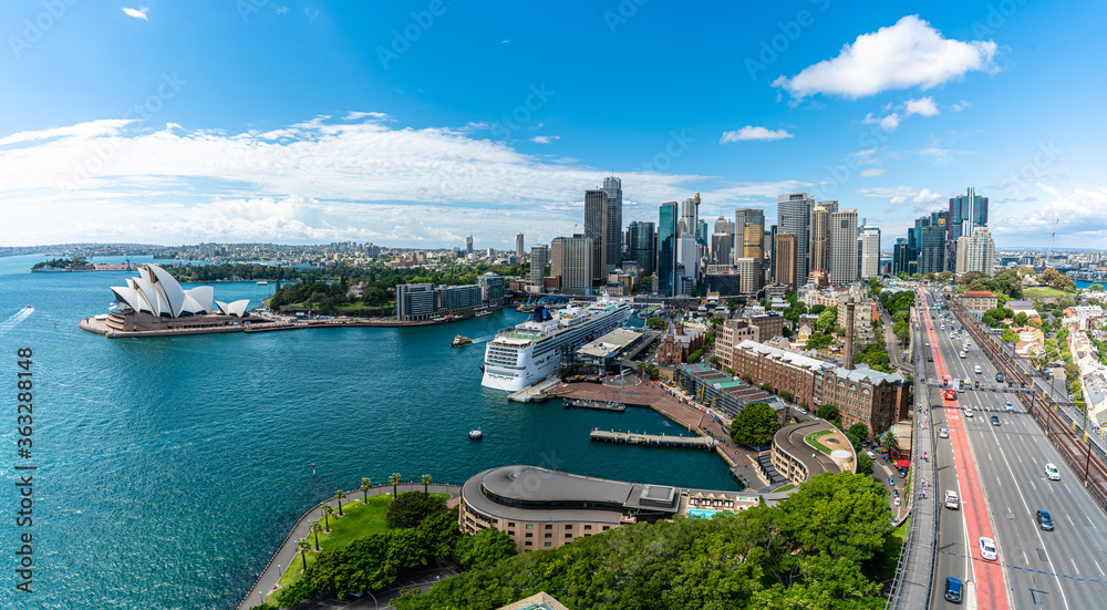 Panorama view of Sydney harbor bay and Sydney downtown skyline with opera house in a beautiful afternoon, Sydney, Australia.