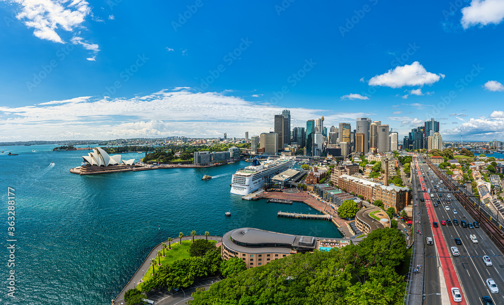 Panorama view of Sydney harbor bay and Sydney downtown skyline with opera house in a beautiful afternoon, Sydney, Australia.