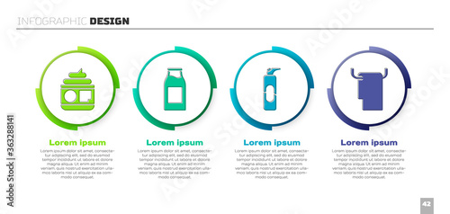 Set Cream or lotion cosmetic tube, Bottle with milk, Spray can for hairspray and Towel on a hanger. Business infographic template. Vector.