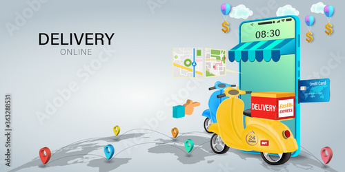 Fast delivery by scooter on mobile. E-commerce online concept. Online food order infographic. Webpage, app design. vector illustration.