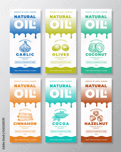 Natural Oil Abstract Vector Packaging Designs or Label Templates Collection. Gradient Drips and Hand Drawn Spices, Nuts, Fruits and Vegetables Sketch Silhouettes Background Layout.