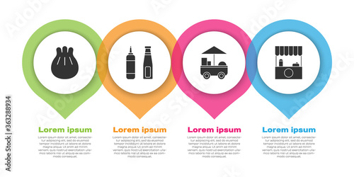 Set Khinkali on cutting board, Sauce bottle, Fast street food cart and Street stall with awning. Business infographic template. Vector.