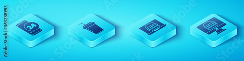 Set Isometric Food ordering, Coffee cup to go, Online ordering and delivery and Online ordering burger delivery icon. Vector.
