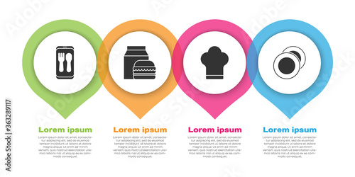 Set Online ordering and delivery, Online ordering and burger delivery, Chef hat and Plate. Business infographic template. Vector.