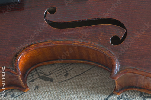 Ein F-Loch und die seitliche Wölbung einer Holz brauner Geige auf eine graue  Decke mit Notenmuster.