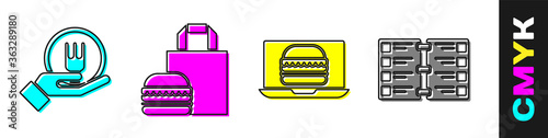 Set Online ordering and delivery, Online ordering burger delivery, Online ordering burger delivery and Restaurant cafe menu icon. Vector.