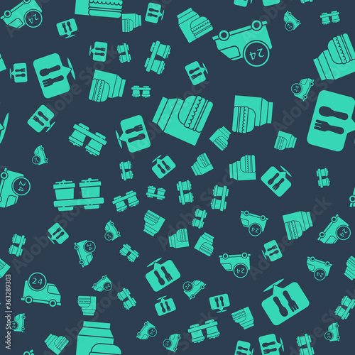 Set Online ordering and burger delivery, Fast delivery by car, Coffee cup to go and Cafe and restaurant location on seamless pattern. Vector.