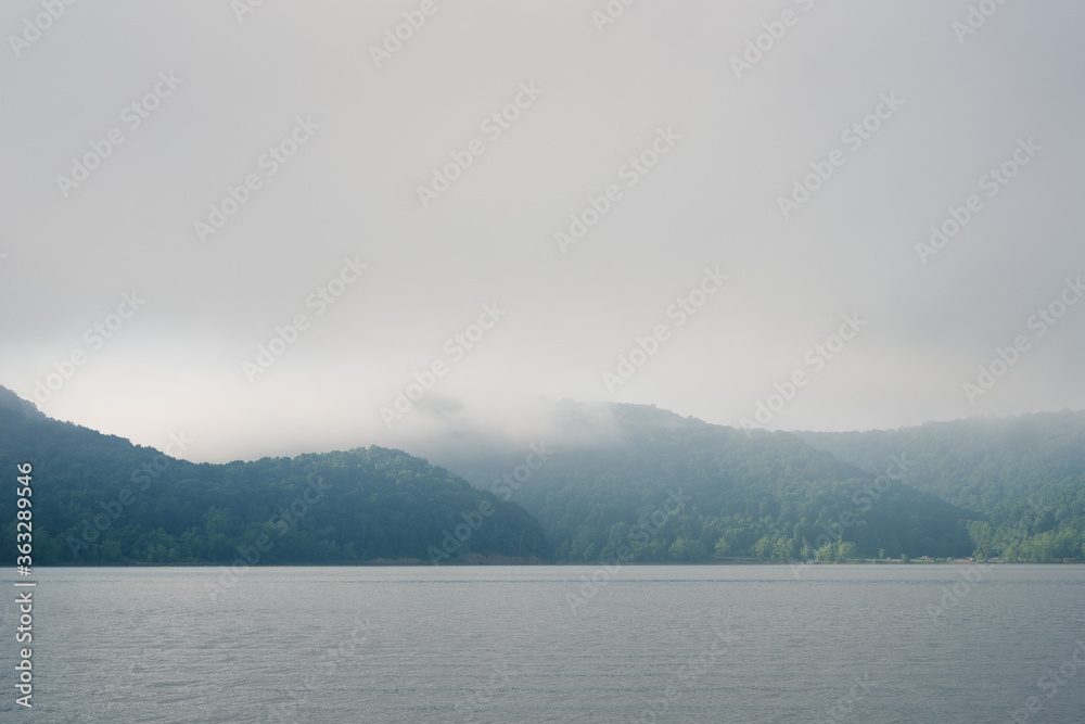 Misty morning on a lake with forest and mountains in the background