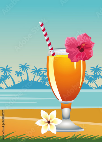 hello summer seasonal scene with tropical cocktail