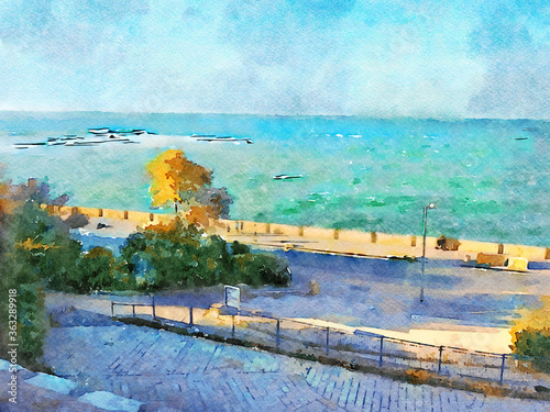 digital watercolor of a view of the mediterranean sea from a high point of the old city of jaffa with andromeda’s rock in the distance